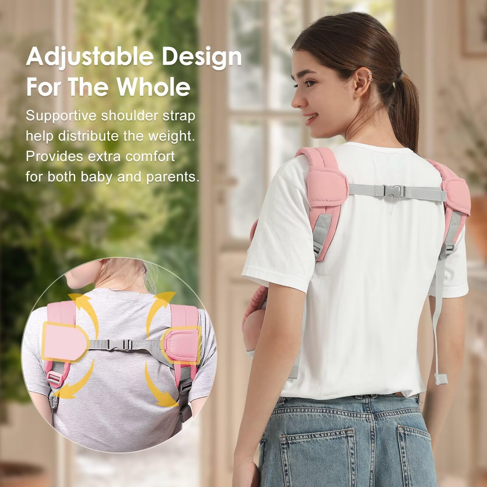 Shiaon M-position supports ergonomic hip alignment during infant carrier use.