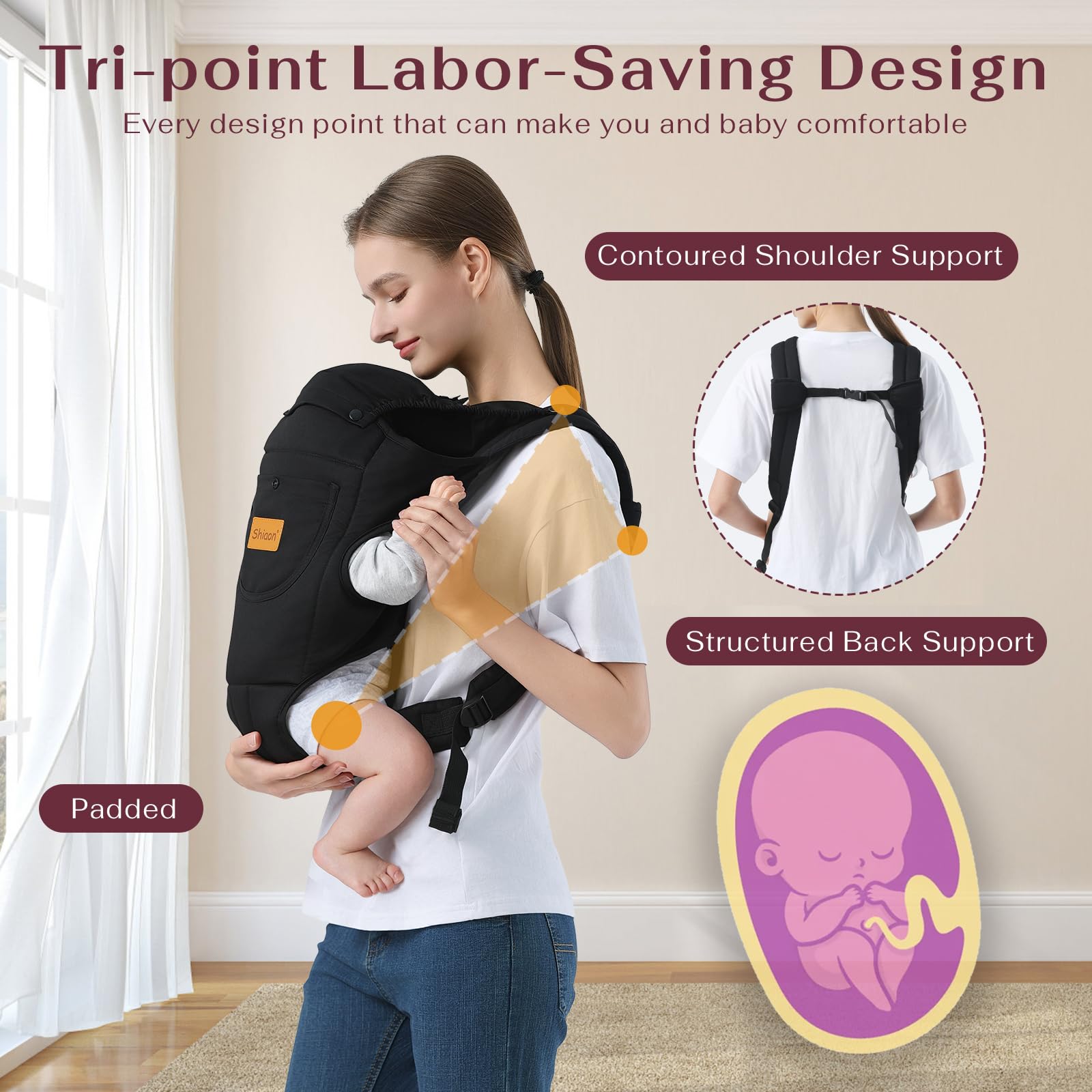 Shiaon baby carrier supports 7-30lbs from newborn to toddler.