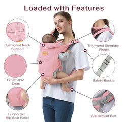 Shiaon pink baby carrier, adjustable-strap view; easy one-minute wear.