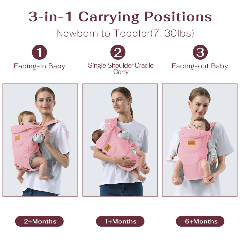 Shiaon pink baby carrier, baby-in-carrier pose; ergonomic support for infant.
