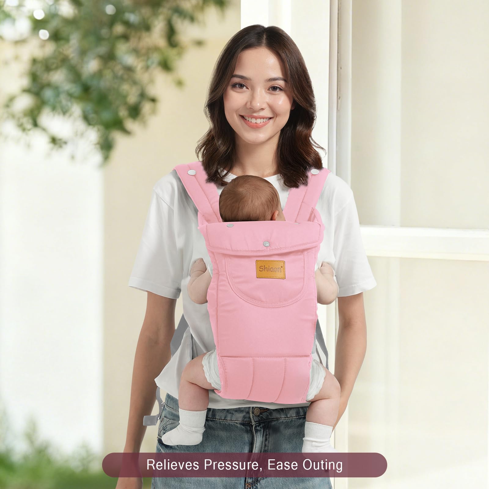 Shiaon pink baby carrier, family-adjustable fit; grows with you.