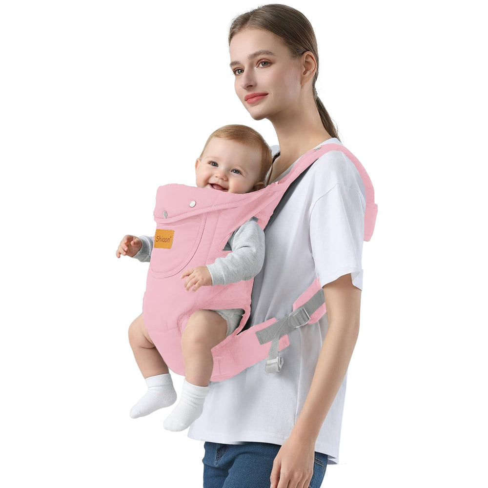 Shiaon pink baby carrier, front view; comfortable wear for daily use.