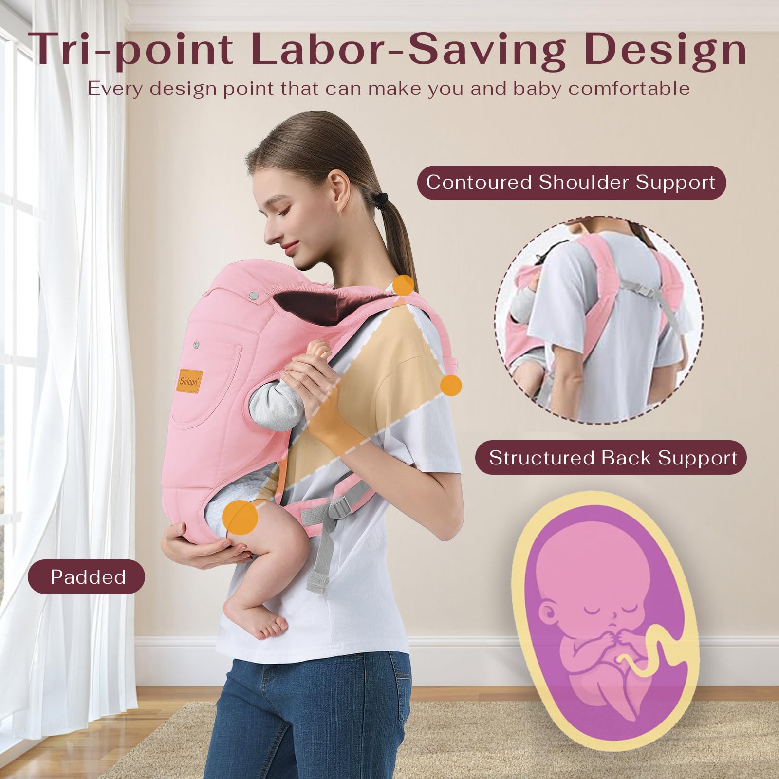 Shiaon pink baby carrier, M-position illustration; ergonomic hip positioning.