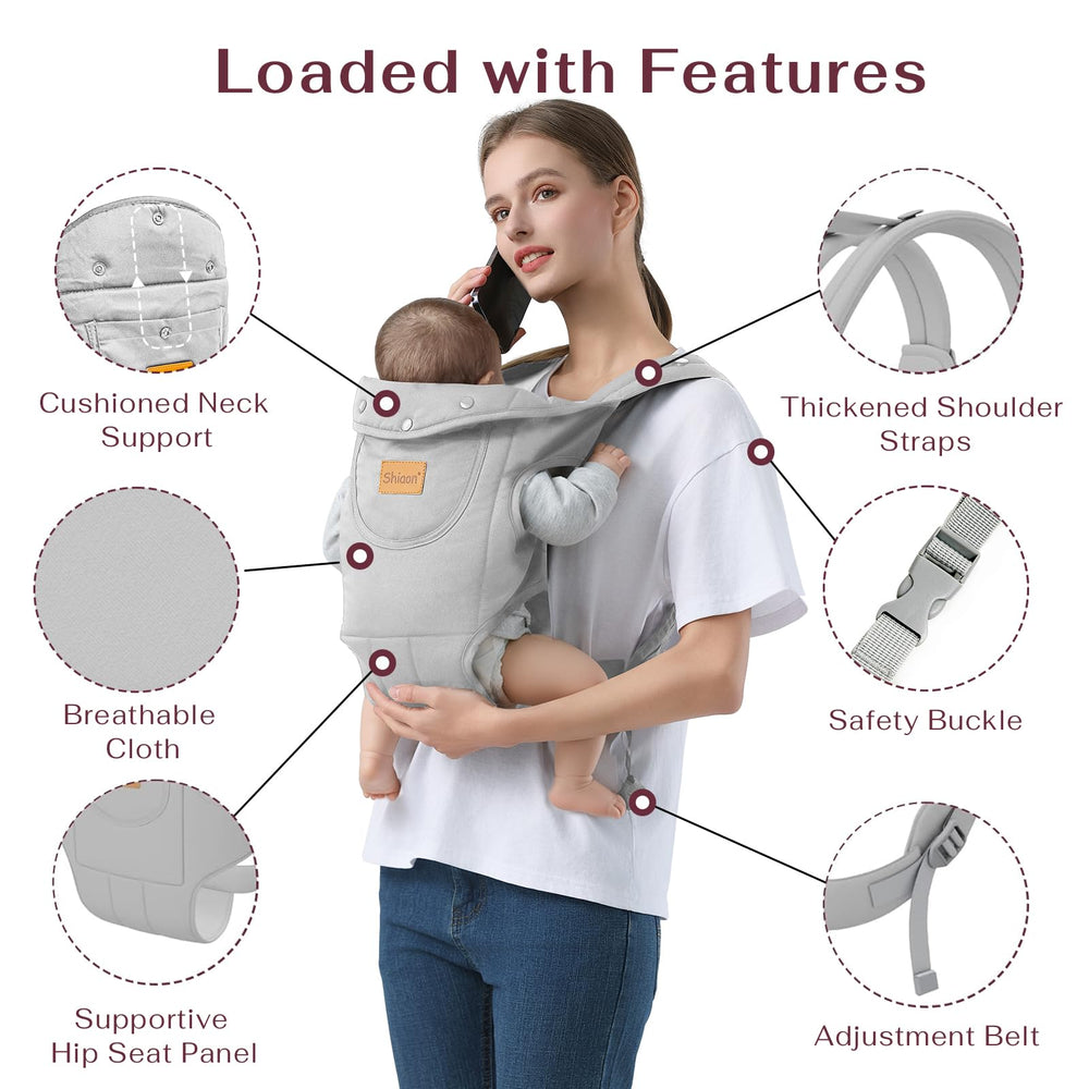 Shiaon baby carrier adjustable-shoulder-straps grey highlights easy fit for different caregivers.