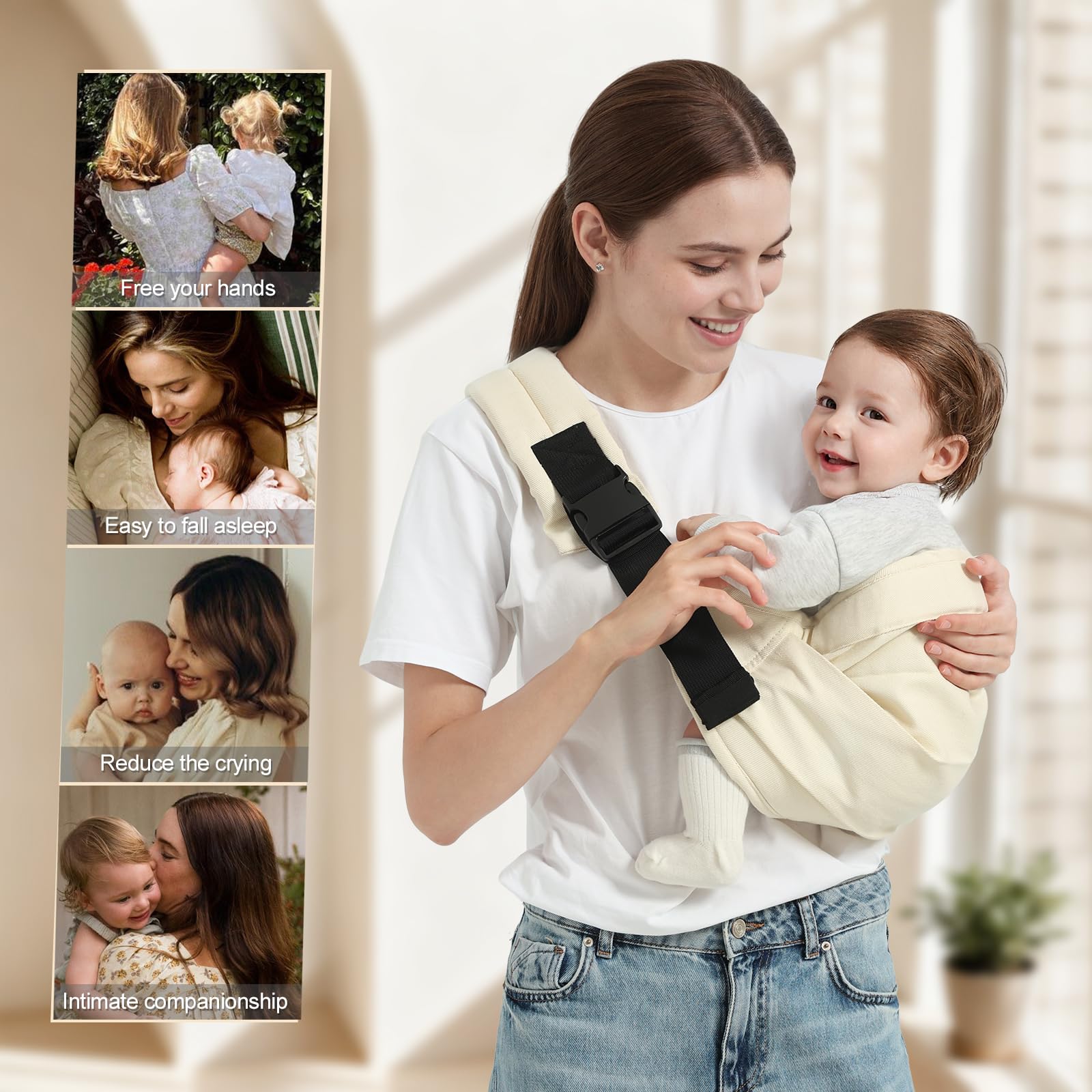 Shiaon baby sling carrier beige easy-fold design for travel and storage.