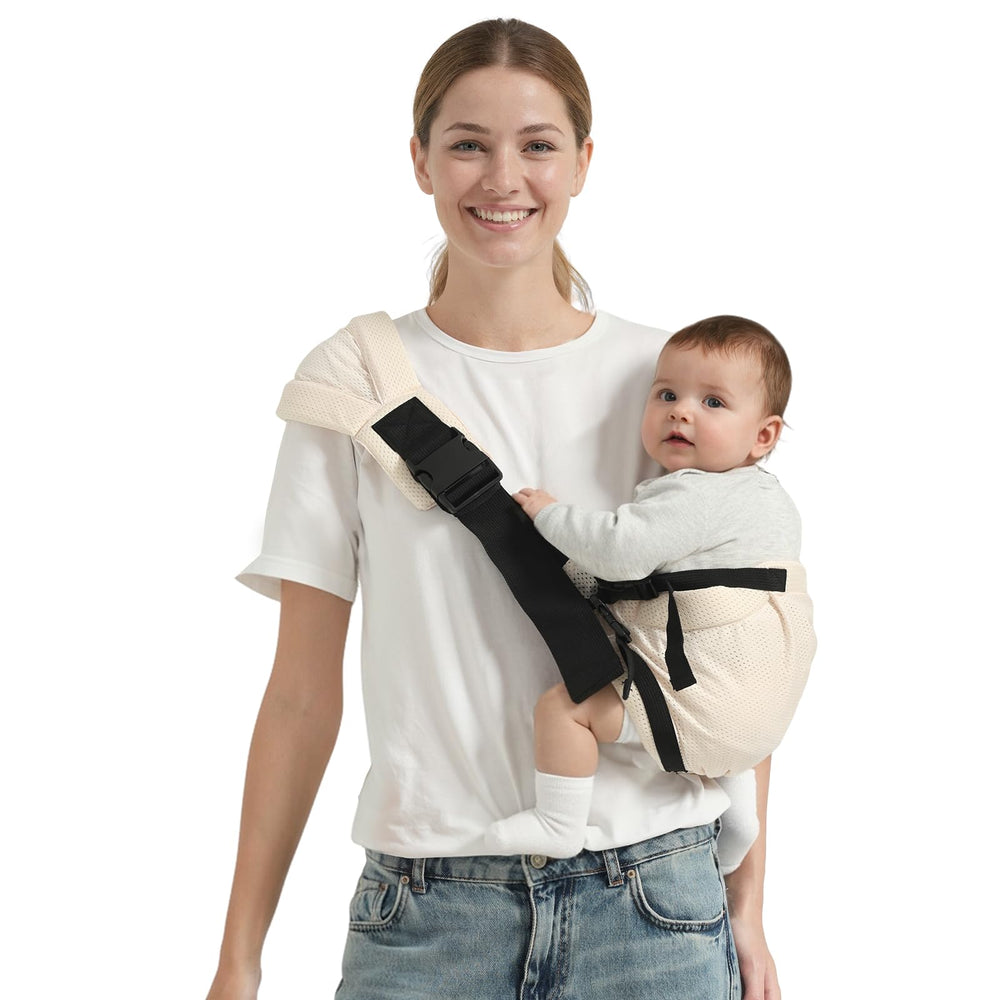 Shiaon baby sling carrier beige mesh overview demonstrates lightweight, travel-friendly design.