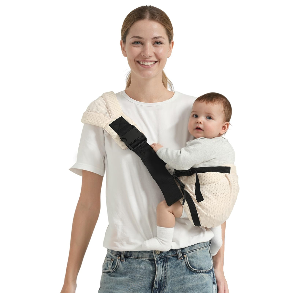 Shiaon baby sling carrier beige mesh overview demonstrates lightweight, travel-friendly design.