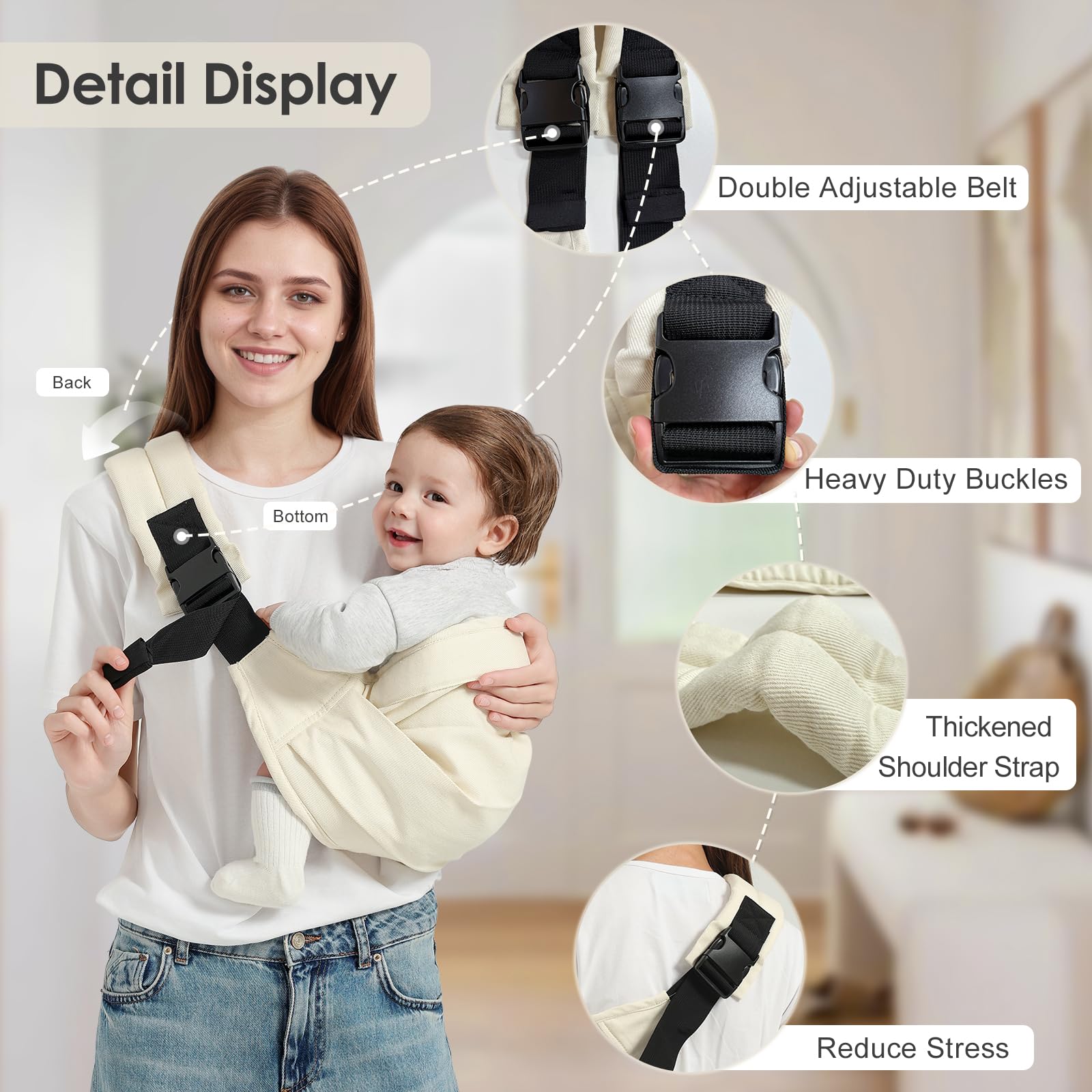 Shiaon baby sling carrier beige side carry supports ergonomic hip positioning.