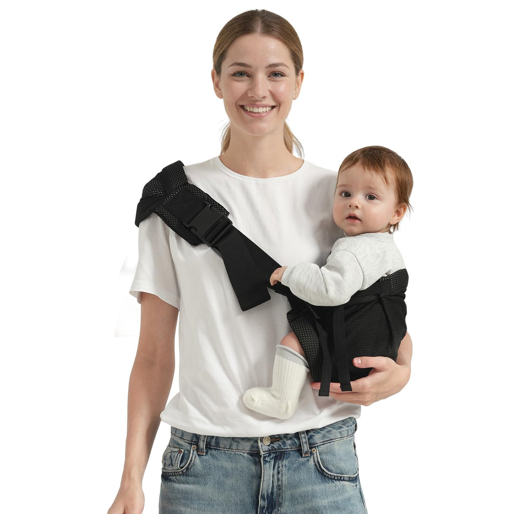Shiaon baby sling carrier front view in black mesh; lightweight for everyday walks.