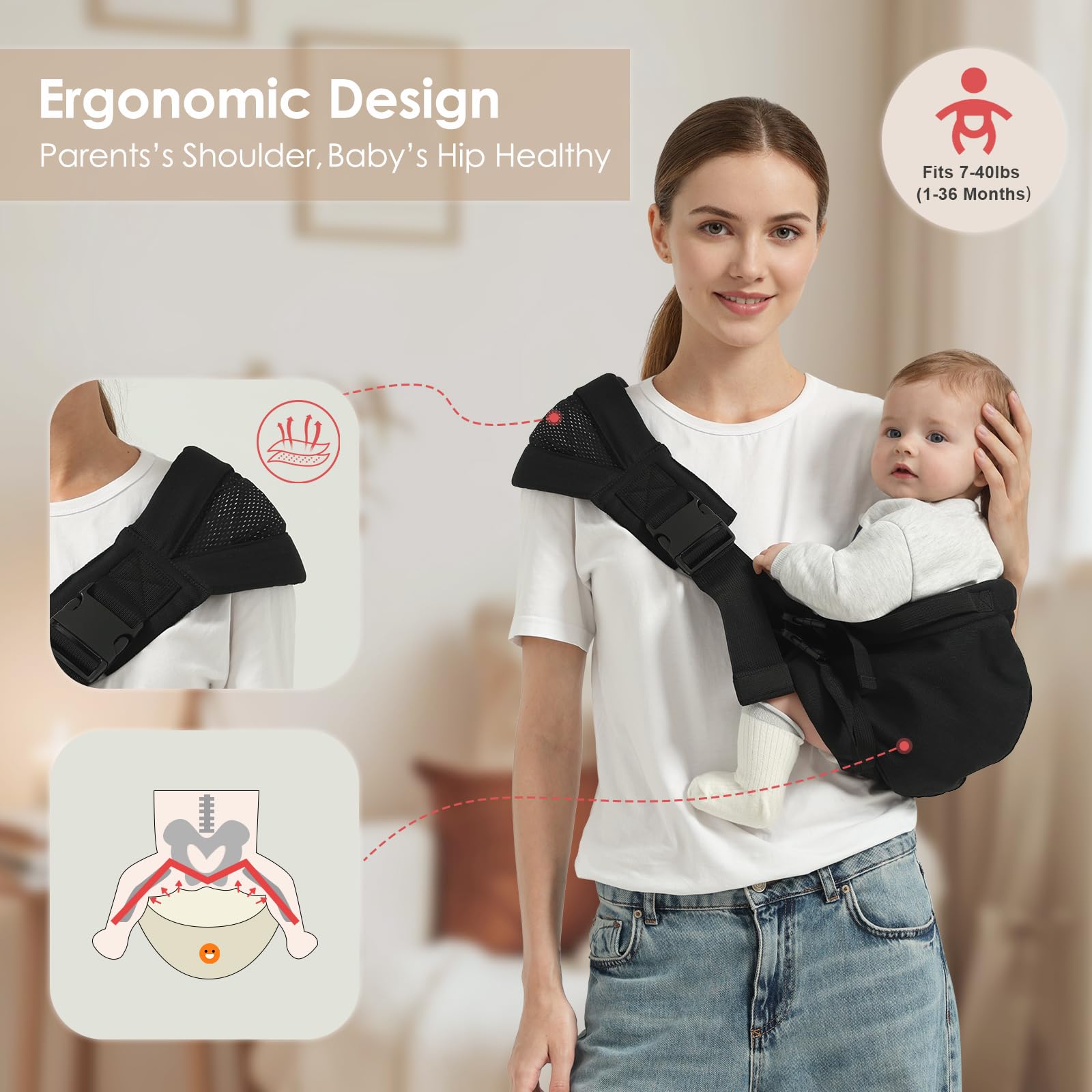 Shiaon baby sling carrier wide shoulder straps evenly distribute weight