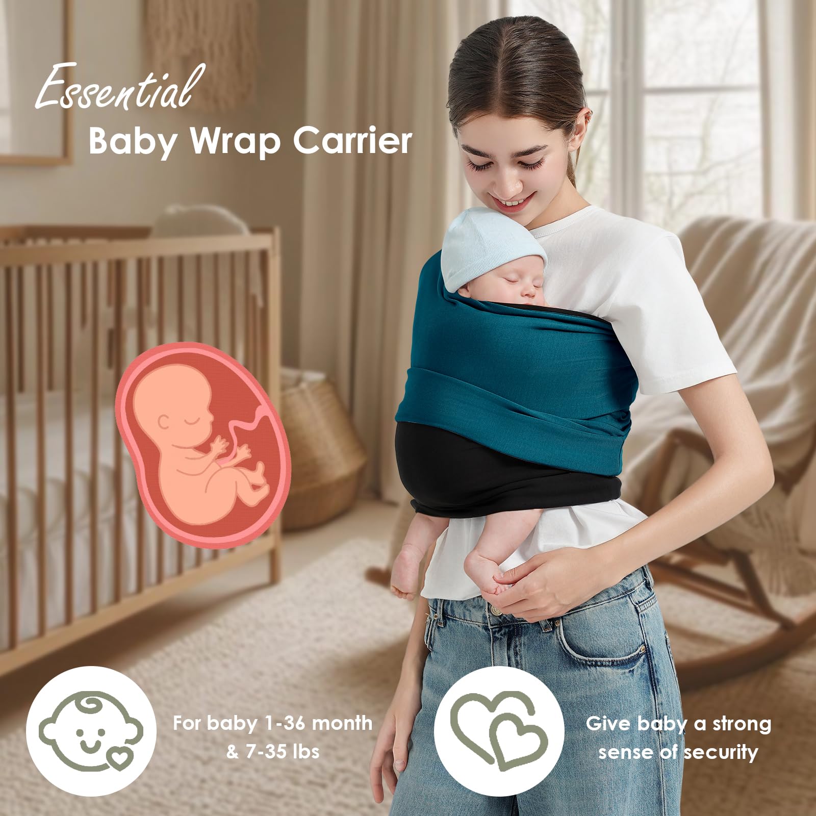 Shiaon baby wrap adjustable fit image shows versatility for all body types and growing toddlers.