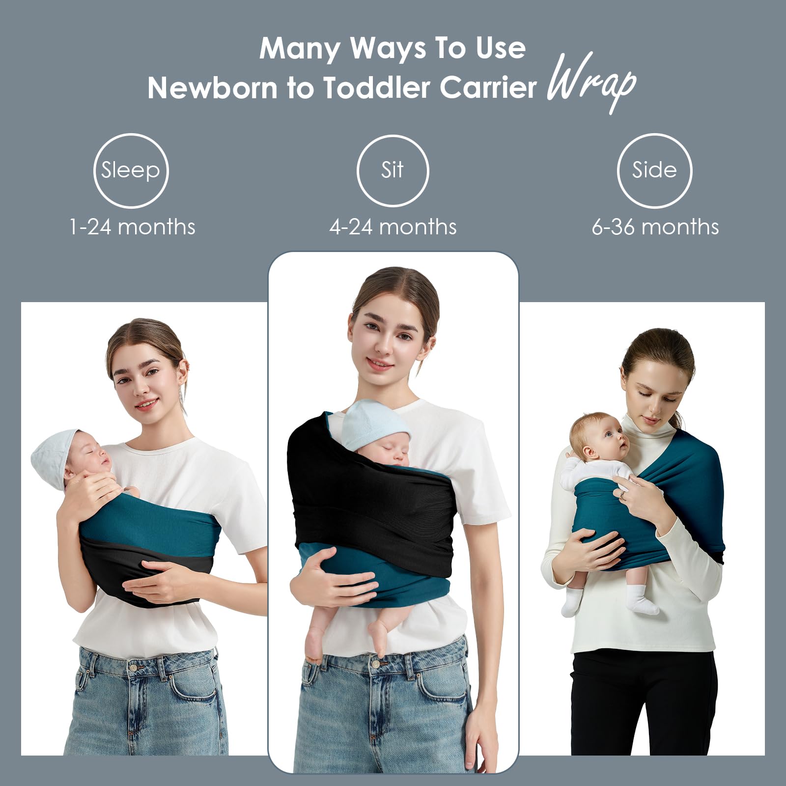 Shiaon baby wrap ergonomic pose illustrating hip-friendly spread-squat position for healthy development.