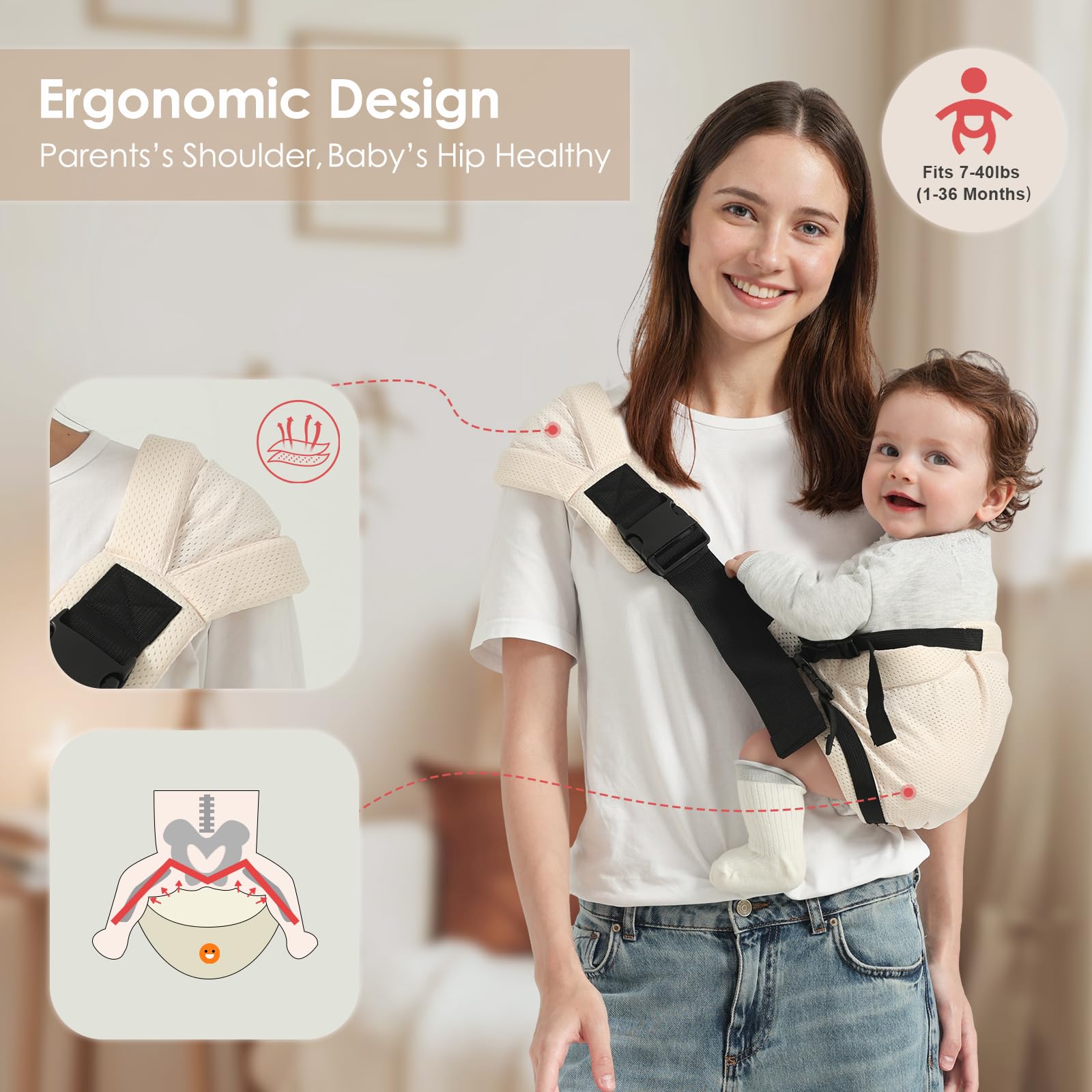 Shiaon sling with wide shoulder straps distributes weight for comfort.