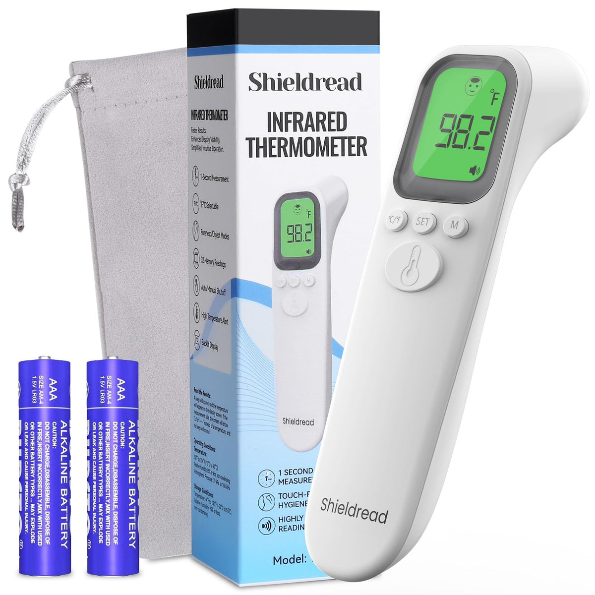 Shieldread forehead thermometer display showing quick, accurate family readings.