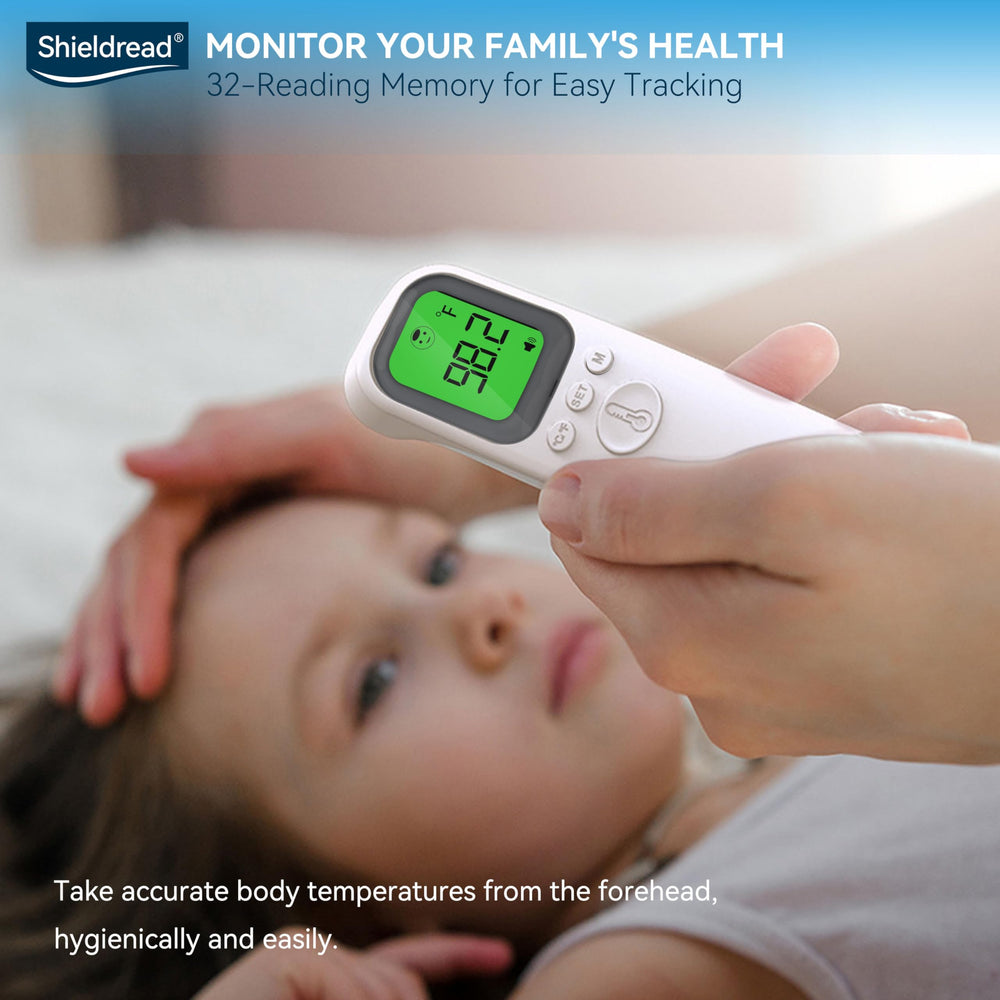 Shieldread multi-mode thermometer supports forehead, room, and object temperatures.