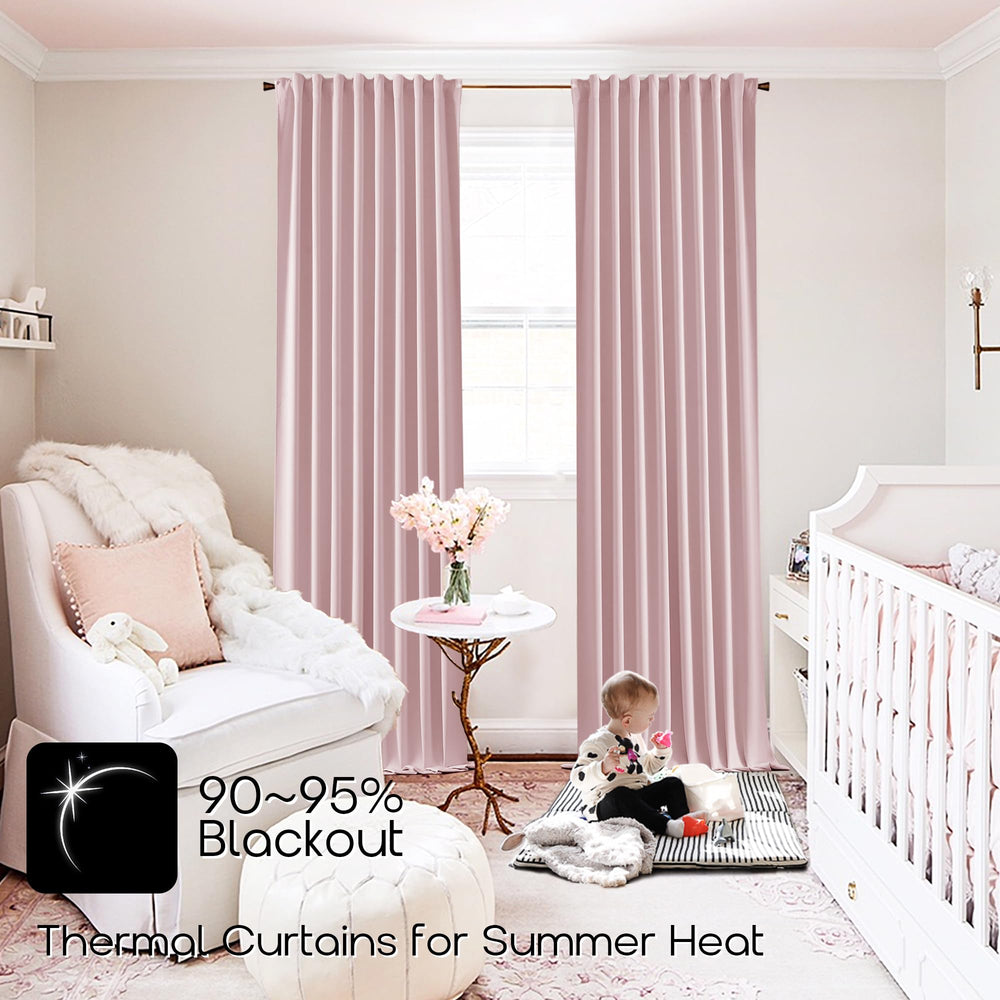 SHINELAND pink blackout curtains 84in two panels in bedroom for darker, calmer mornings.