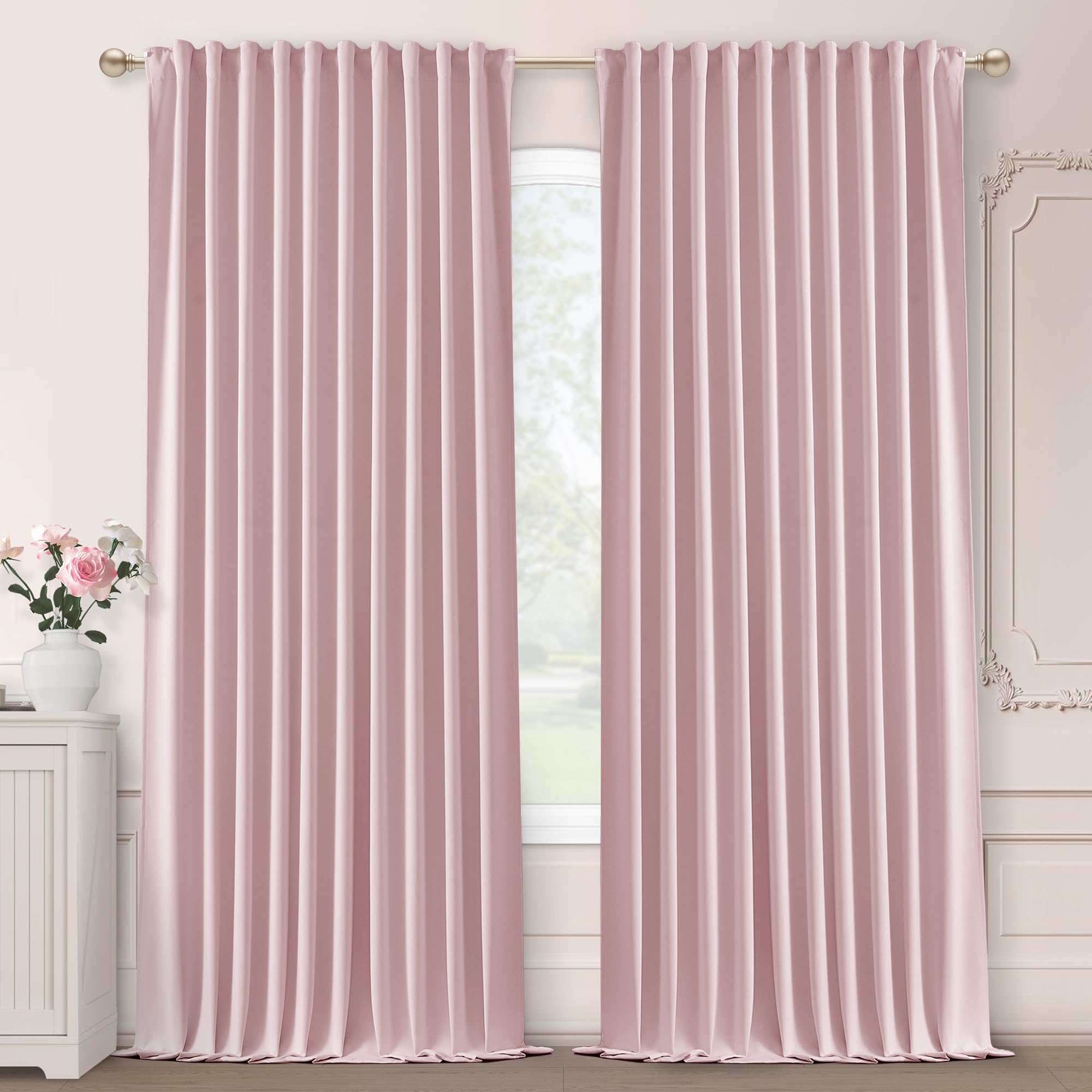 SHINELAND pink blackout curtains 84in two panels in nursery setup for better sleep.