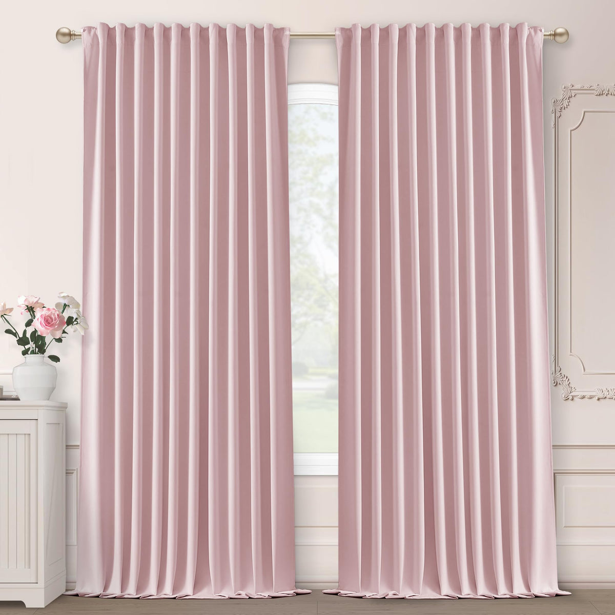 SHINELAND pink blackout curtains 84in two panels in nursery setup for better sleep.