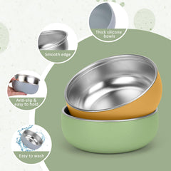 Outer silicone sleeve reduces slips and clanking for quieter mealtimes.