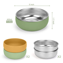 Removable silicone shell on ShineMe Baby Bowls protects surfaces and eases cleaning.