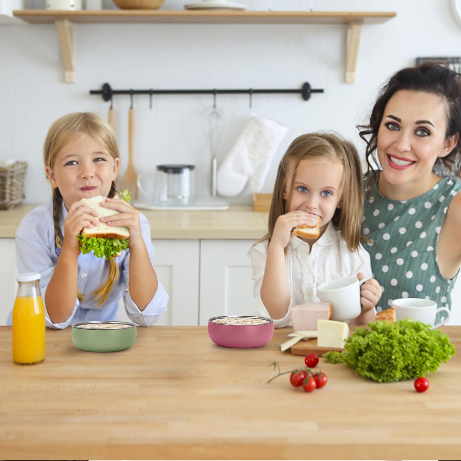 ShineMe bowls in action during snack time with colorful, clanging-free meals.