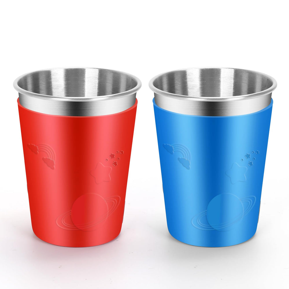ShineMe 12oz stainless steel cups set of 2 with colorful sleeves for kids and adults.