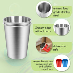 ShineMe stainless steel cups featuring silicone sleeves for a secure grip and heat protection.