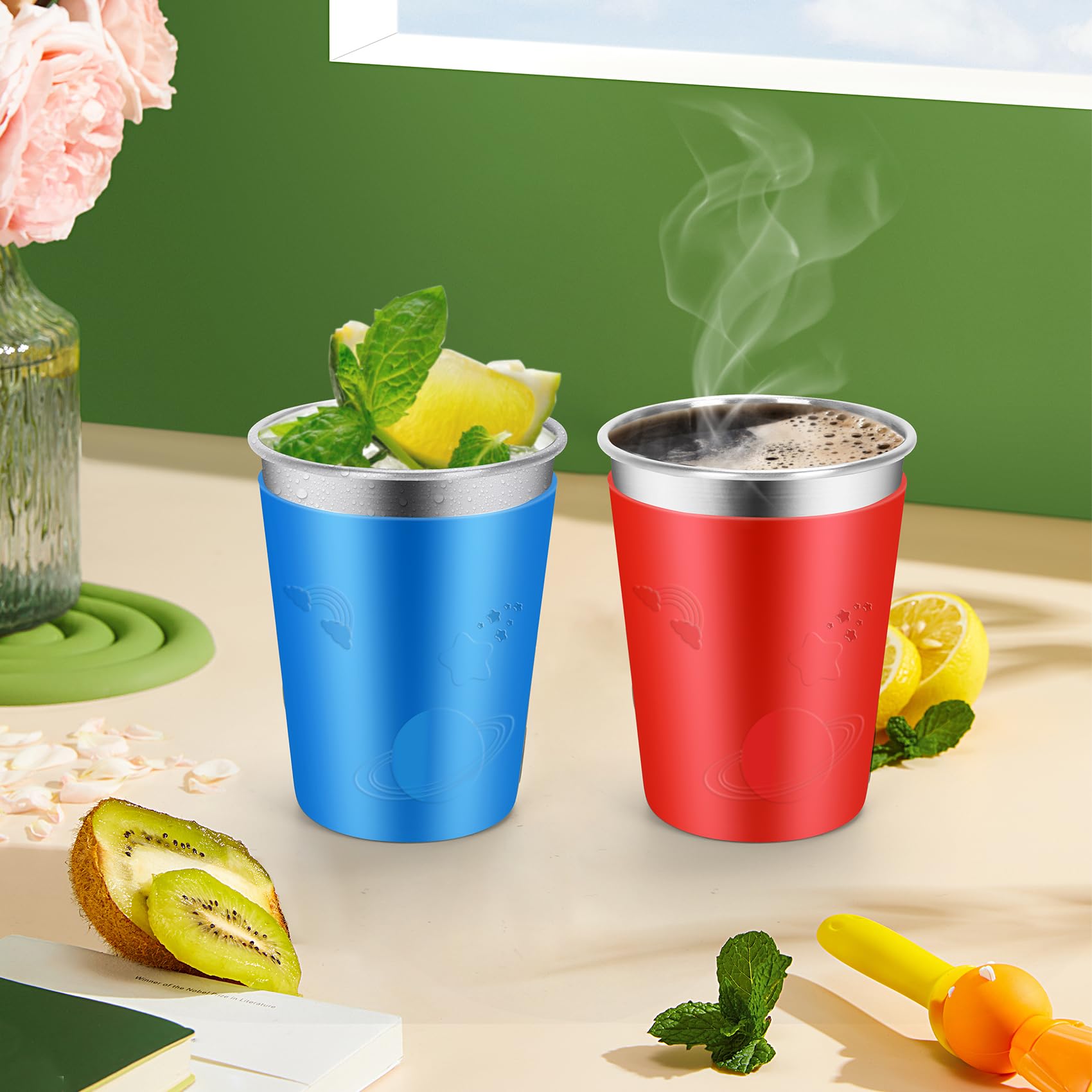 ShineMe cup sleeve shown wrapping around the cup doubling as a coaster.