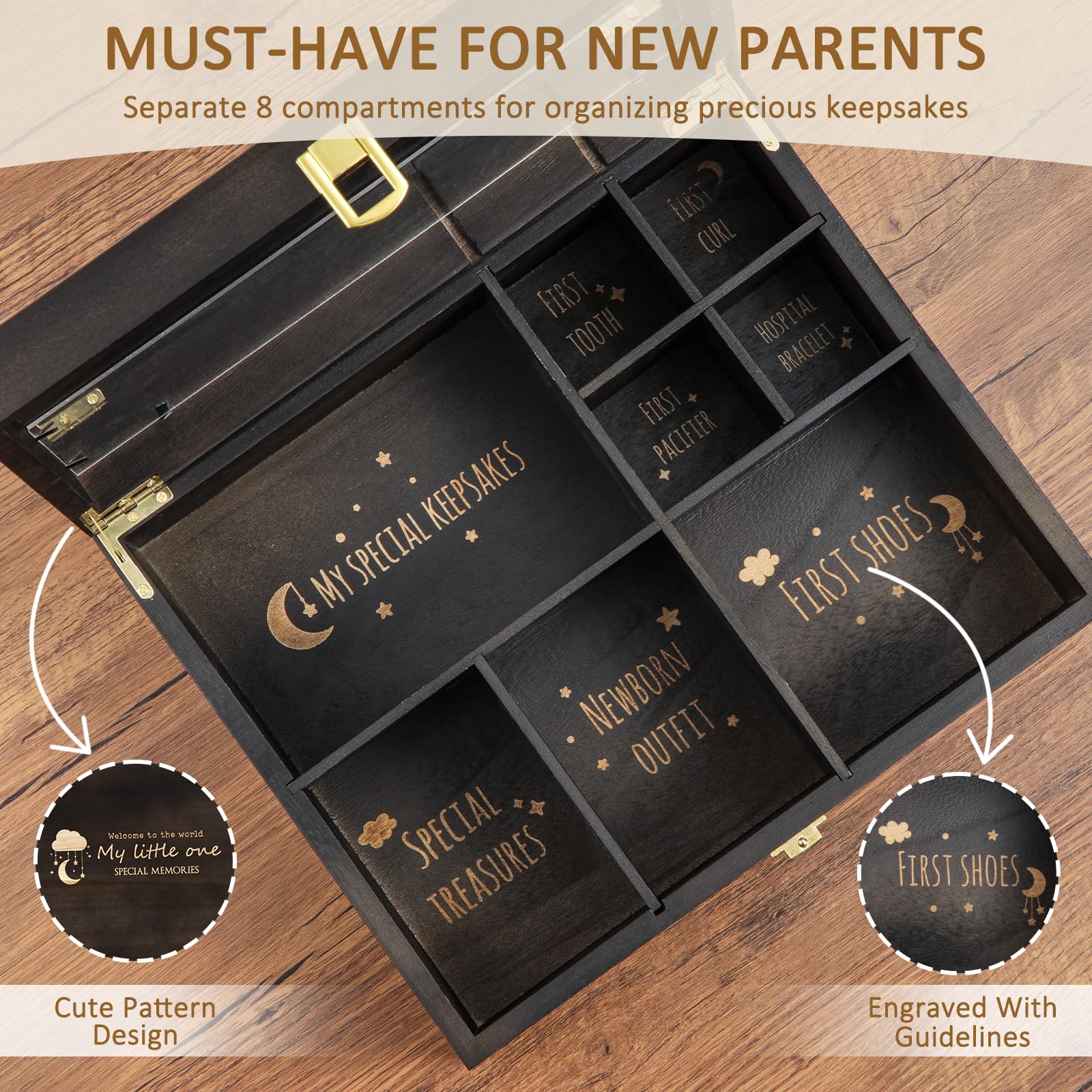 Shinlar wooden keepsake box with latch closure keeps mementos secure