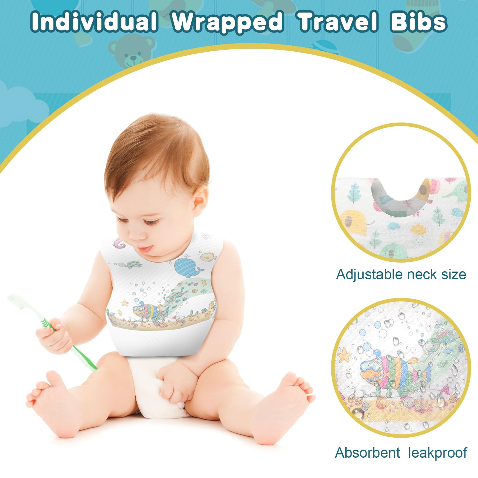 Shinymoon 100-pack individually packaged bibs for convenient home and travel.