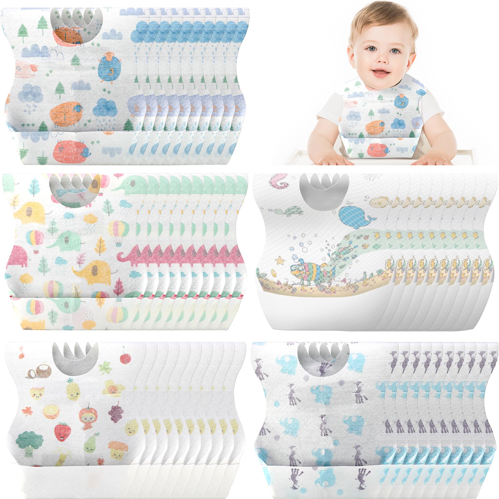 Shinymoon animal-pattern travel bib catching crumbs on the go.