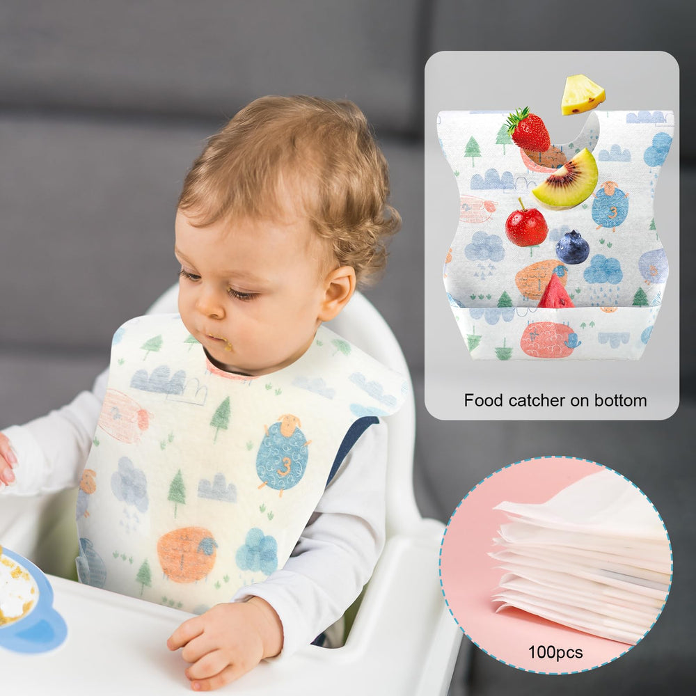 Shinymoon waterproof bib with large pocket to catch spills.