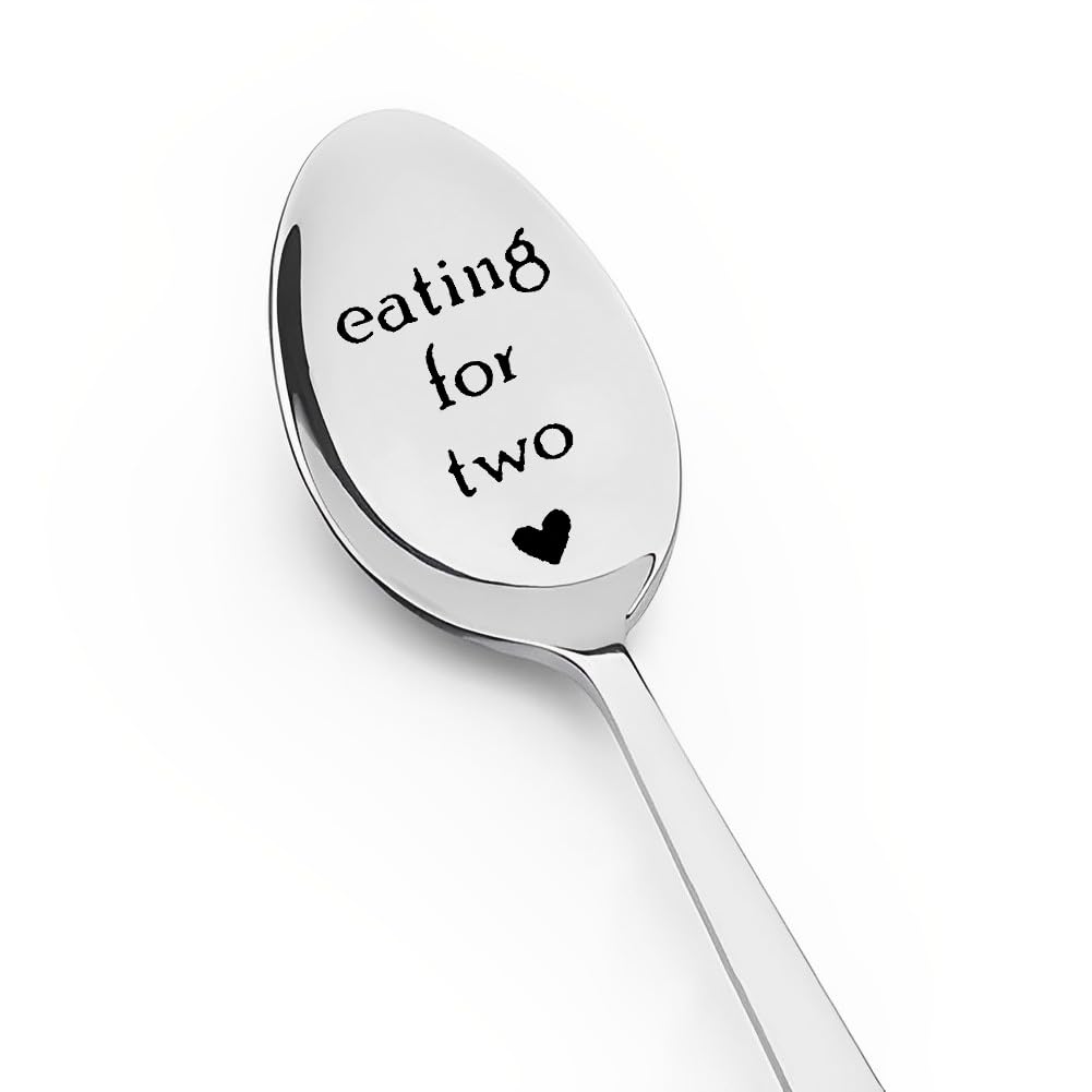 ShiQiao Spl Eating For Two spoon engraving close-up for pregnancy celebration and daily use.