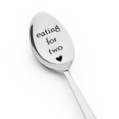 ShiQiao Spl Eating For Two spoon engraving close-up for pregnancy celebration and daily use.