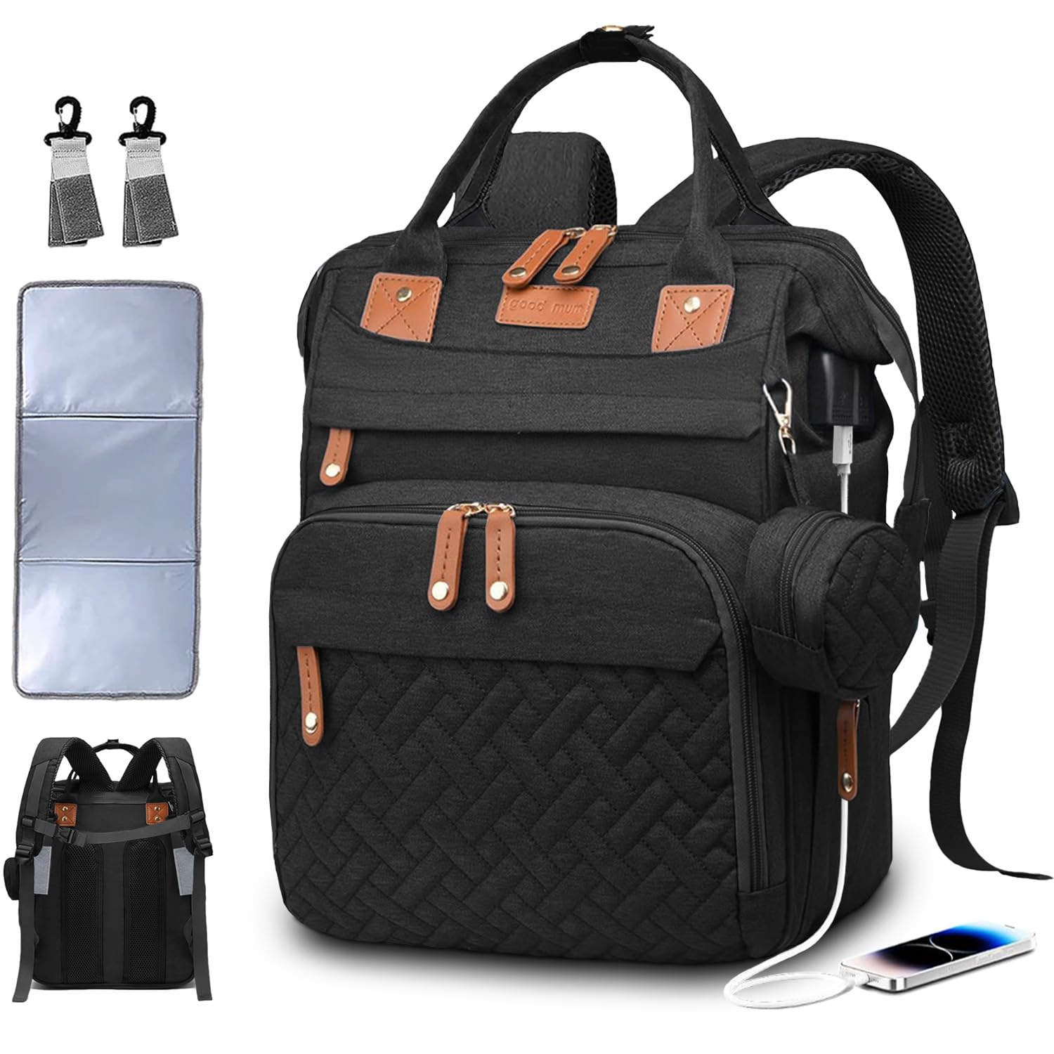 SHITIESHOU diaper bag backpack black front view for everyday parenting on the go