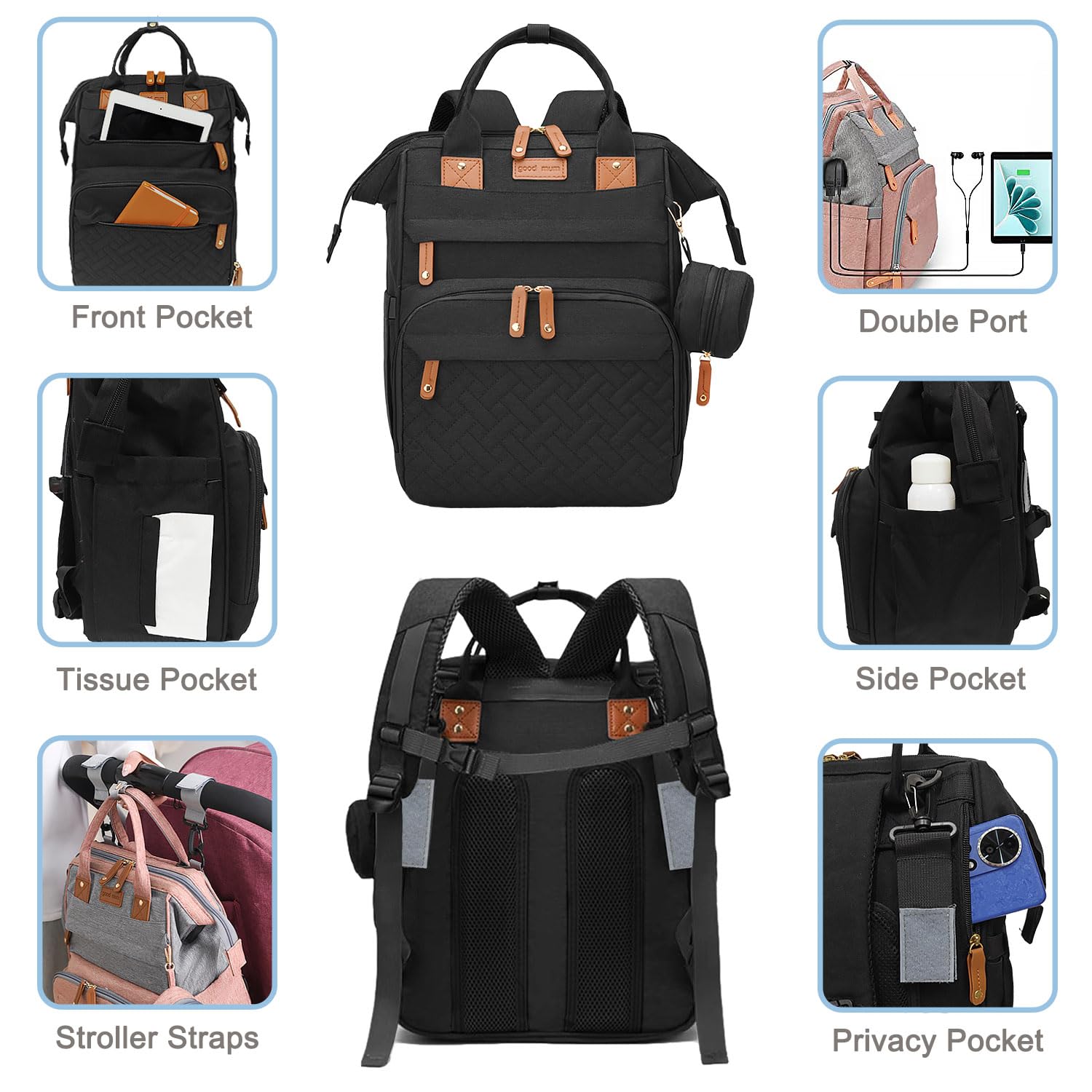SHITIESHOU diaper bag backpack black open main compartment for quick access to essentials