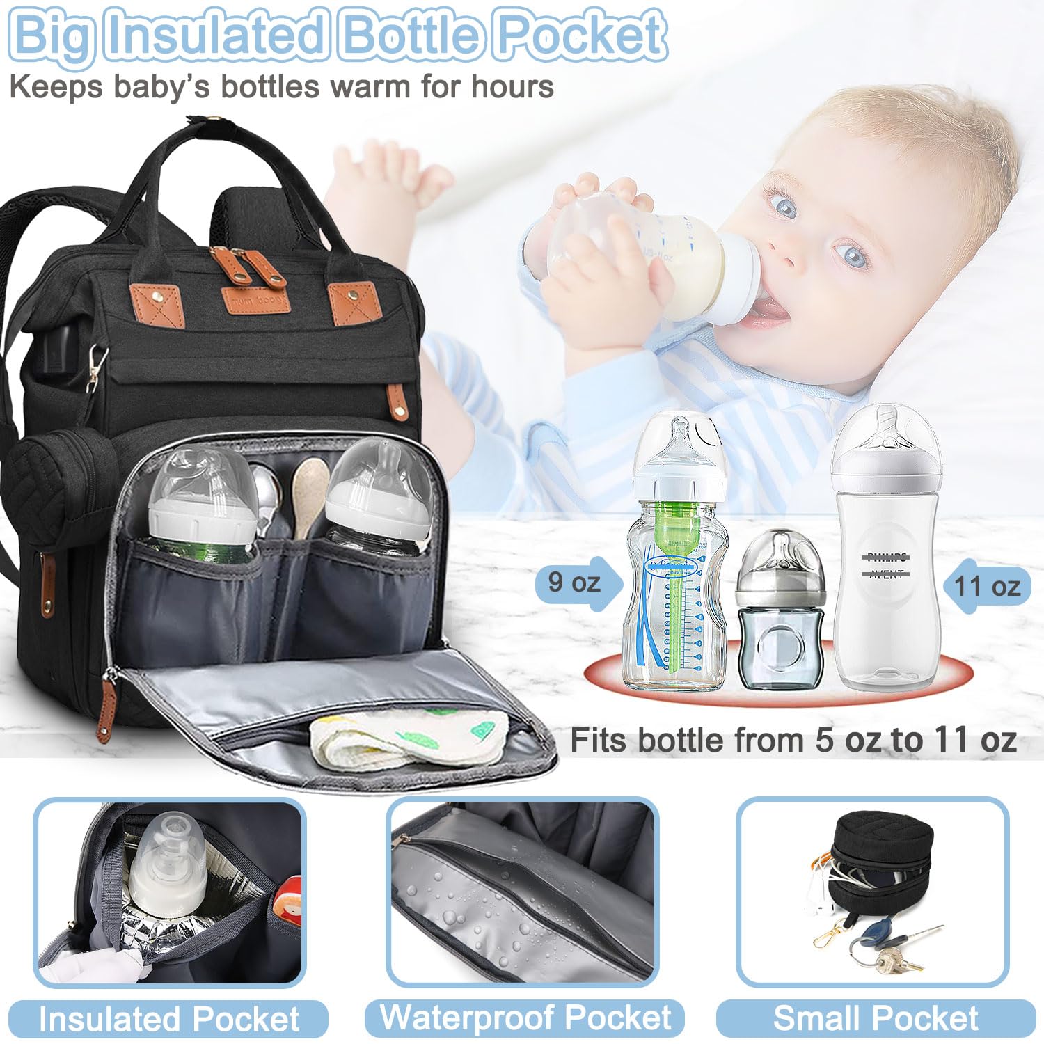 SHITIESHOU diaper bag backpack black side view with stroller strap for hands-free outings