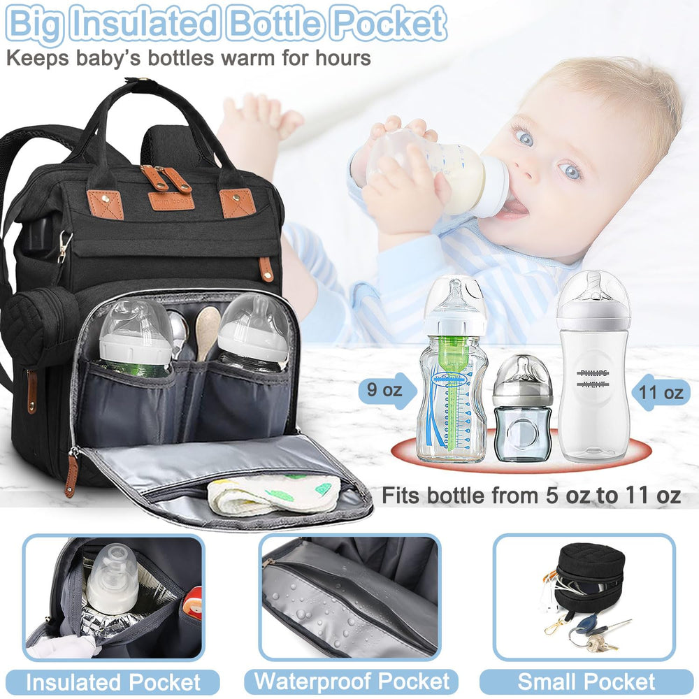 SHITIESHOU diaper bag backpack black side view with stroller strap for hands-free outings