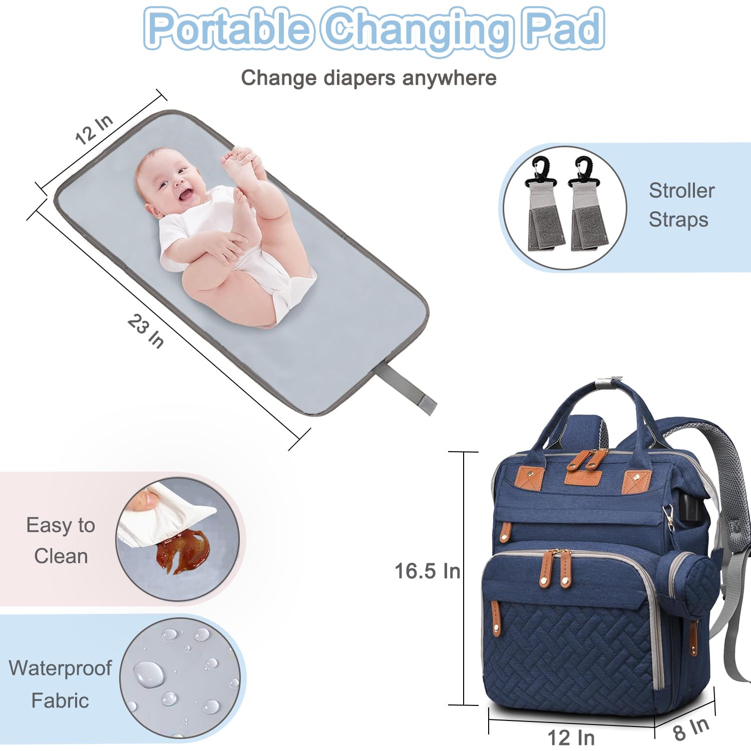 SHITIESHOU diaper bag backpack blue ergonomic back panel with padded straps.