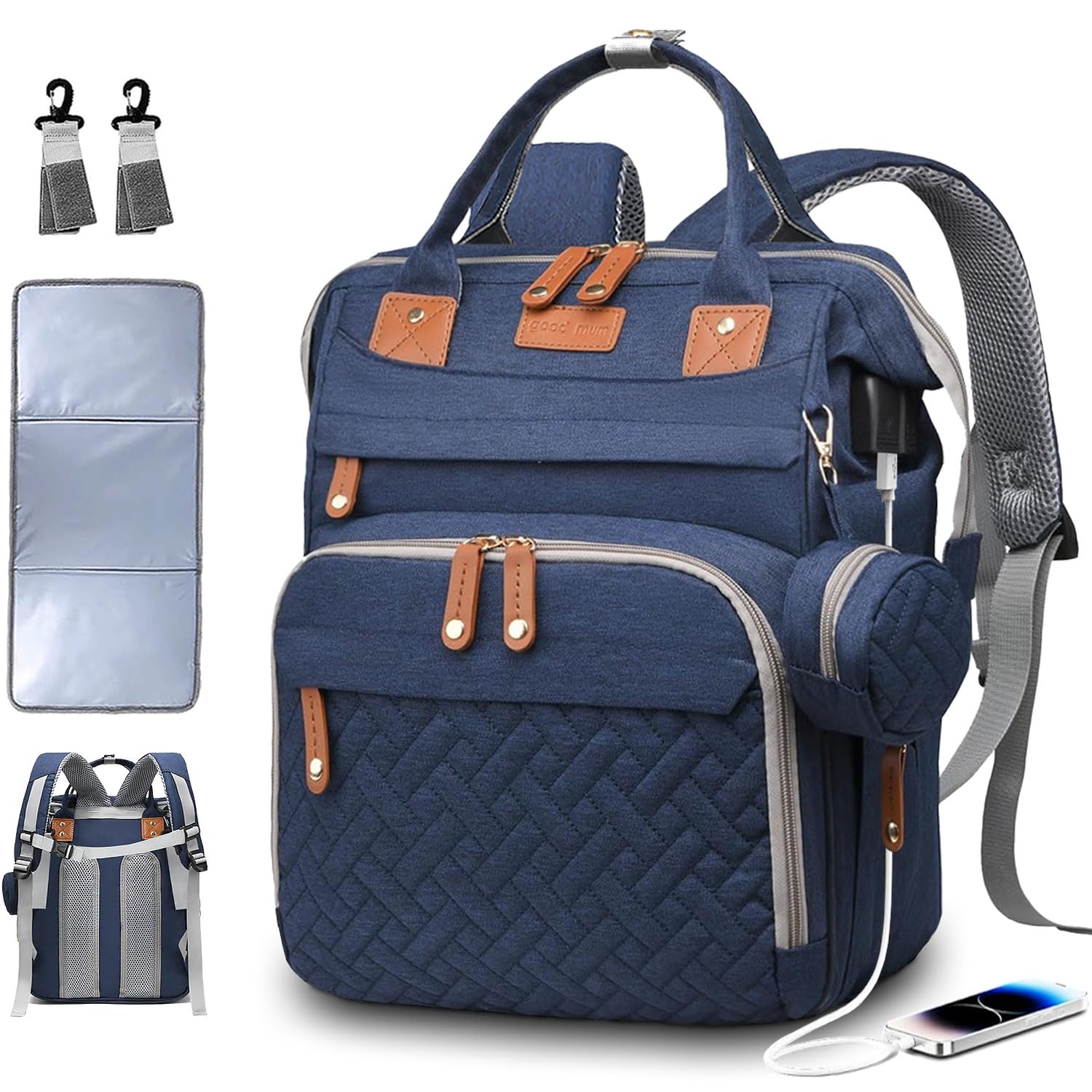 SHITIESHOU diaper bag backpack blue front view showing 19 pockets for quick access.