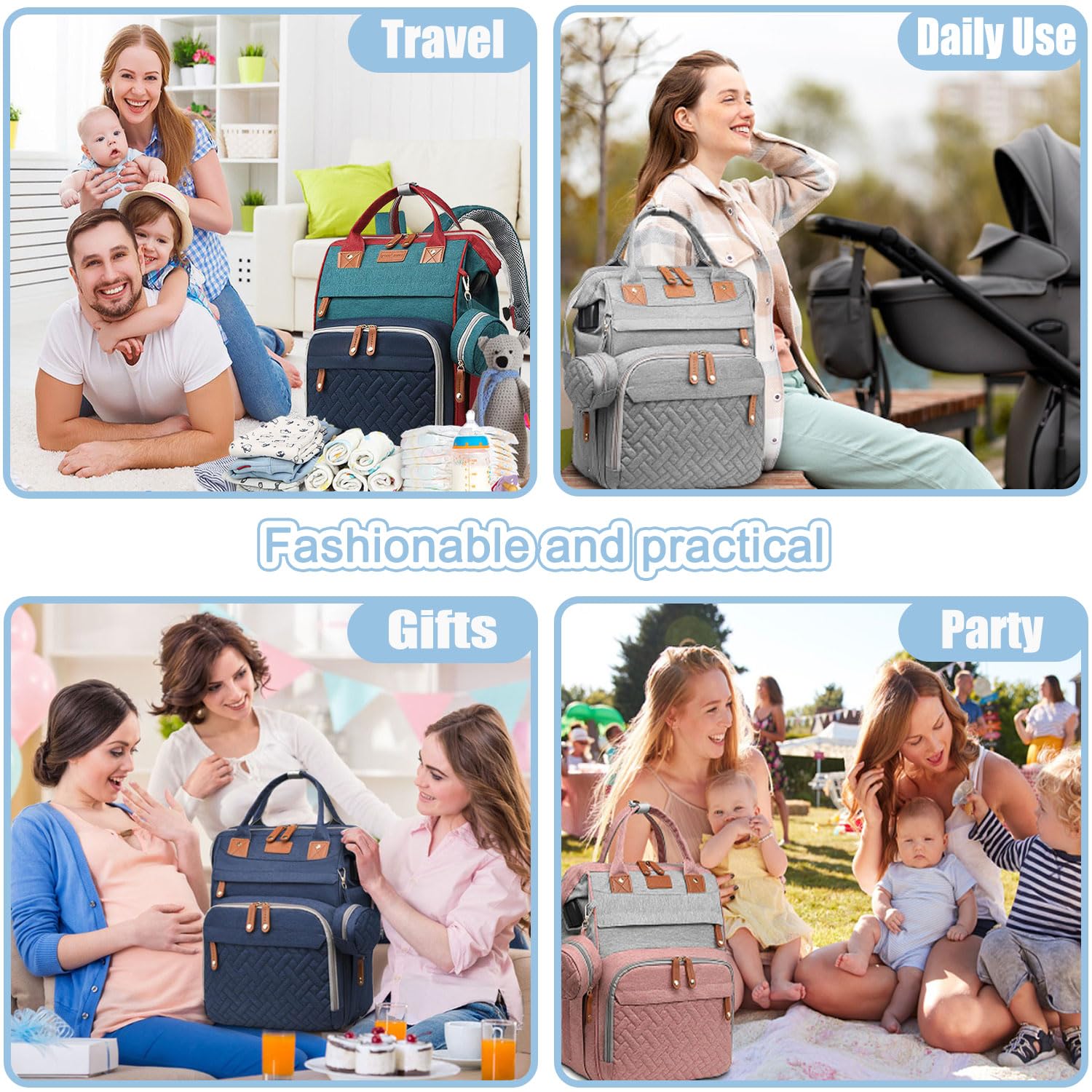 SHITIESHOU diaper bag backpack blue insulated bottle pockets keep drinks warm or cold.