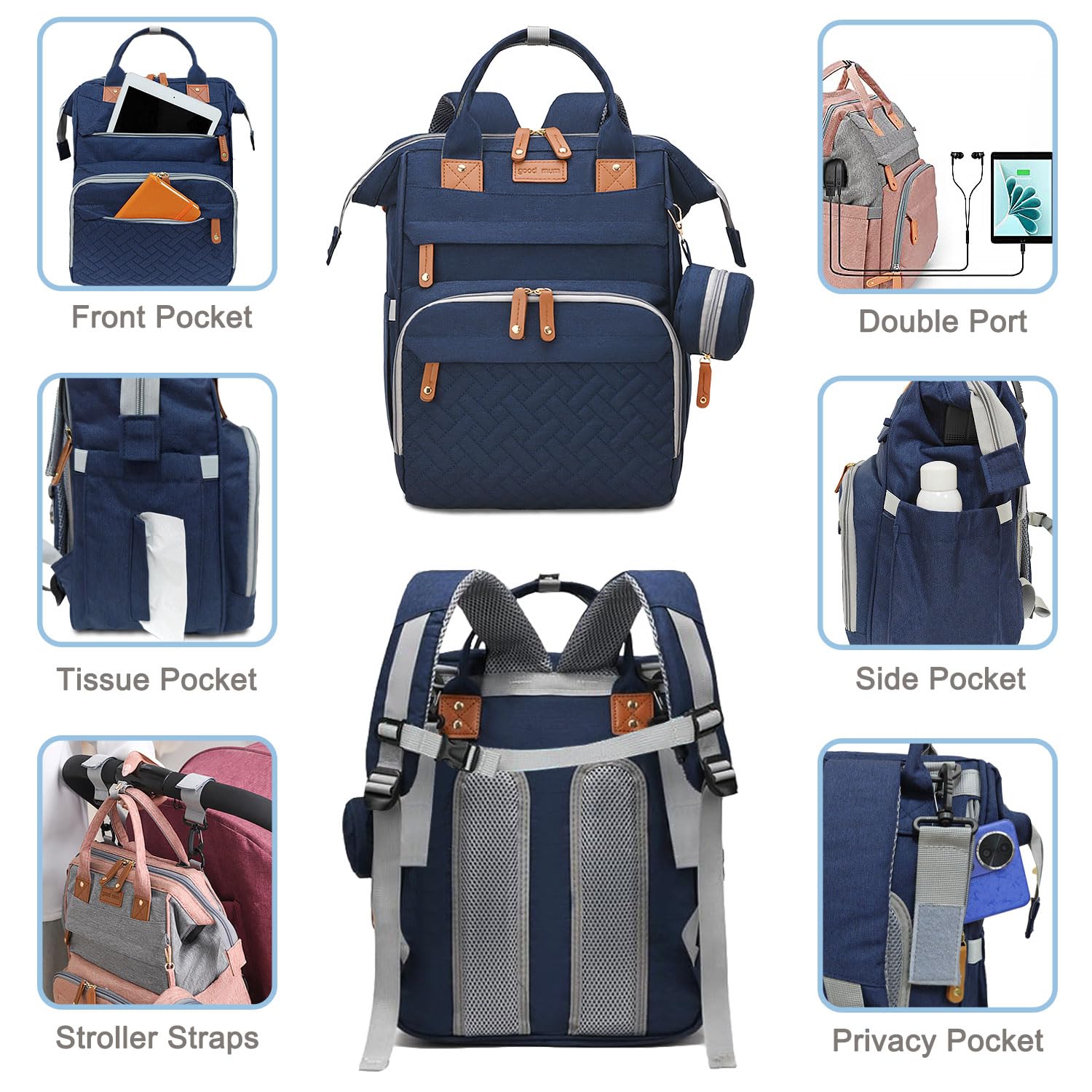 SHITIESHOU diaper bag backpack blue interior organized for wipes, toys, and bottles.