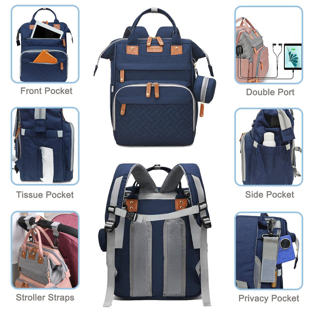 SHITIESHOU diaper bag backpack blue interior organized for wipes, toys, and bottles.