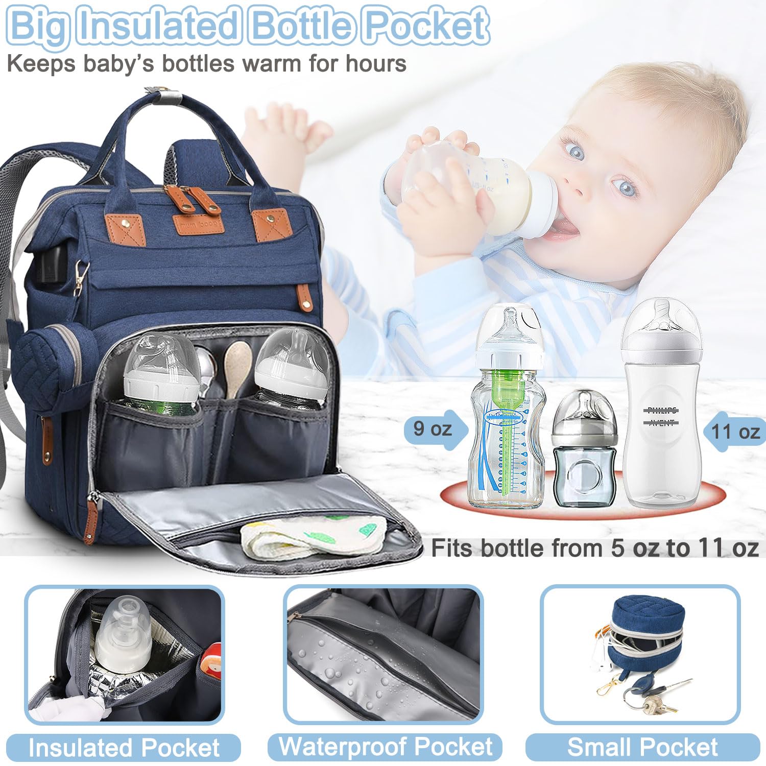 SHITIESHOU diaper bag backpack blue side view showing stroller straps for hands-free travel.
