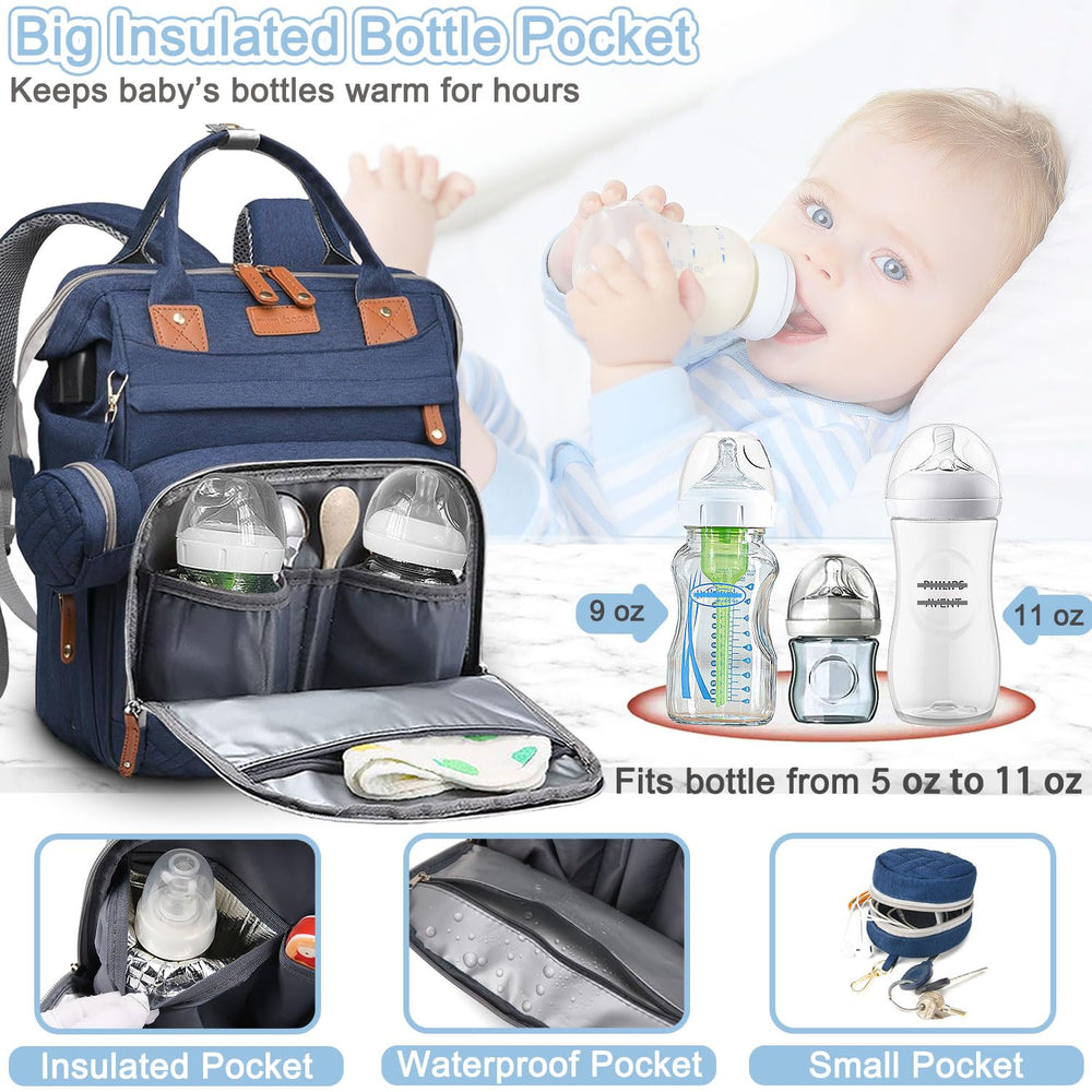SHITIESHOU diaper bag backpack blue side view showing stroller straps for hands-free travel.