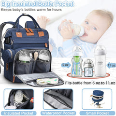 SHITIESHOU diaper bag backpack blue side view showing stroller straps for hands-free travel.