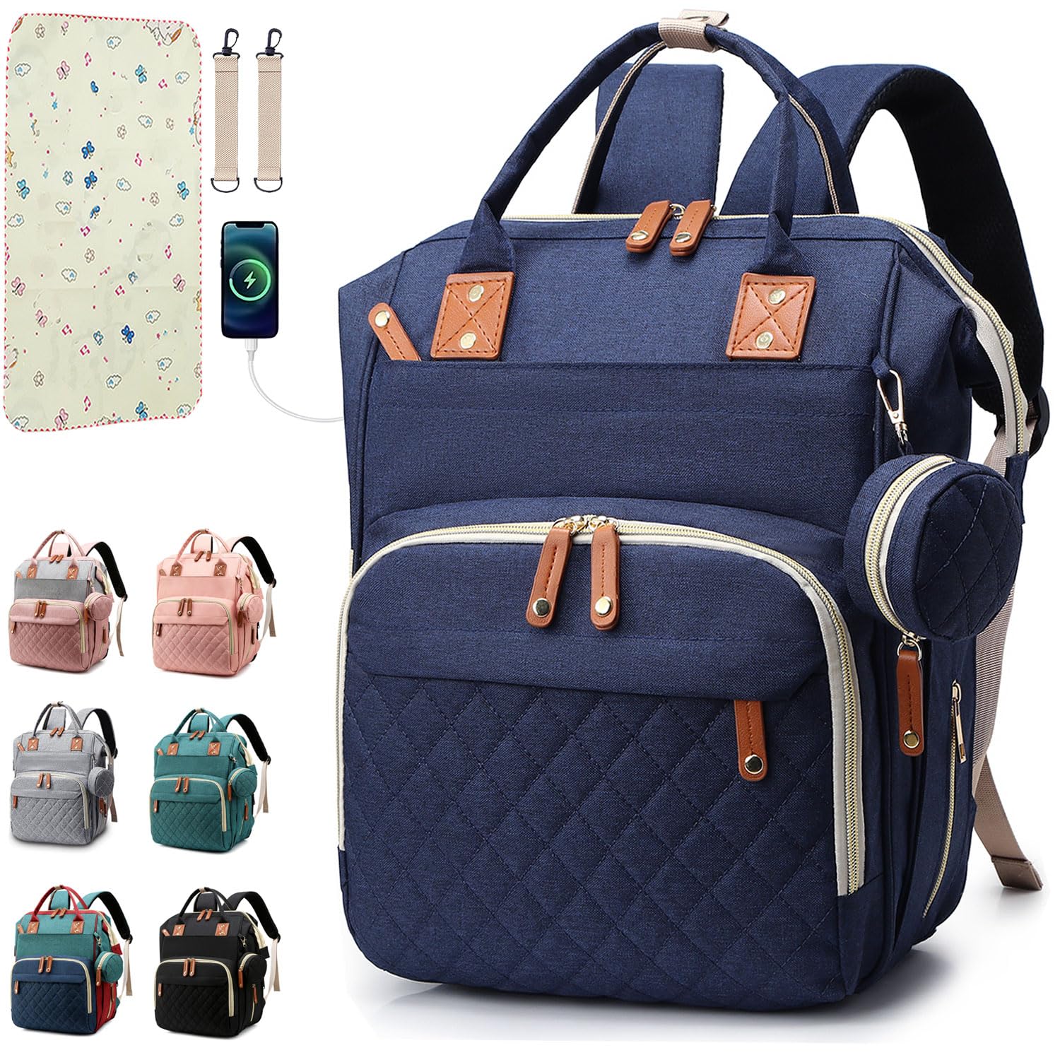 SHITIESHOU diaper bag backpack blue with 16 pockets for organized travel.