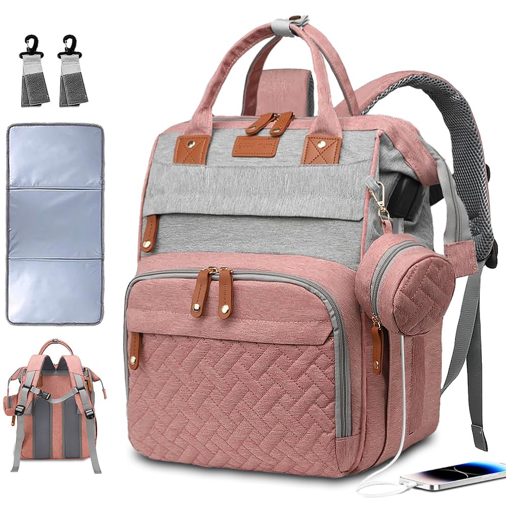 SHITIESHOU diaper bag backpack open top view in pink-grey for quick access