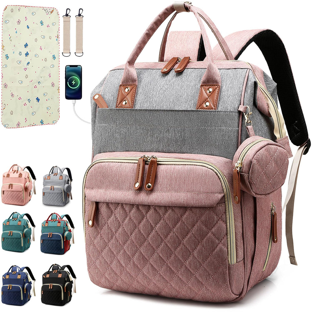 SHITIESHOU diaper bag backpack pink-grey front view for on-the-go organization and quick item access