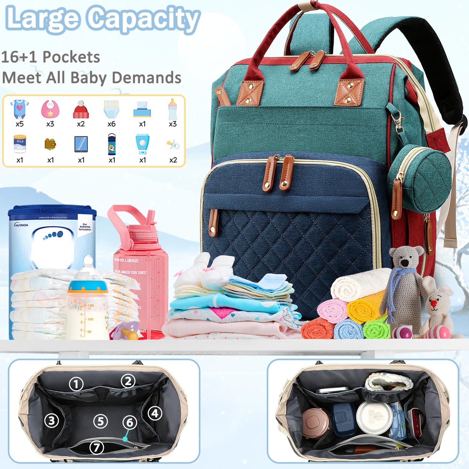 SHITIESHOU diaper bag backpack with stroller strap enables hands-free outings.